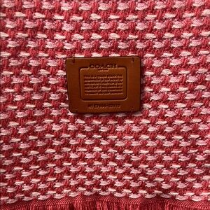 Coach Pink and White Woven Scarf/wrap with Leather Logo Patch